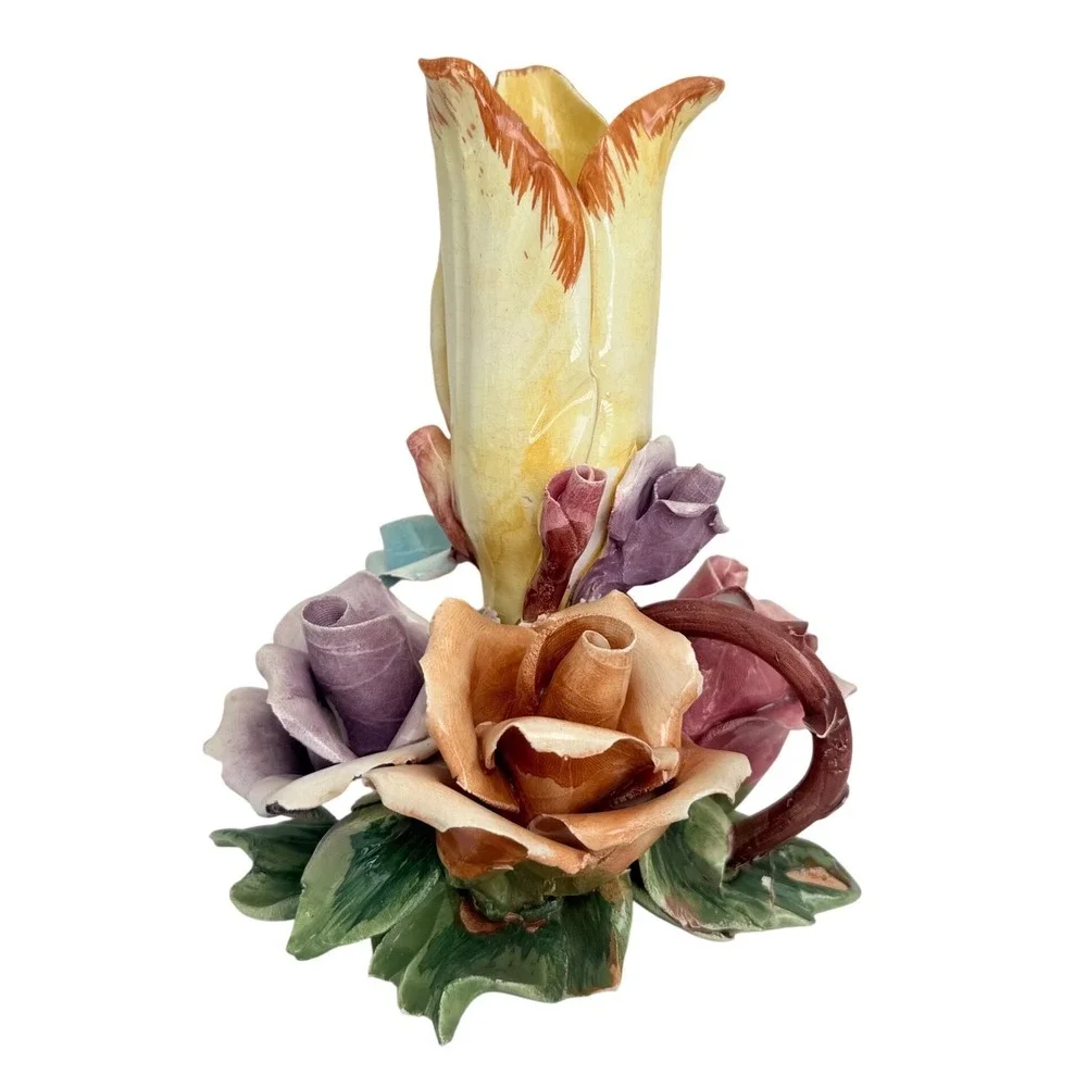 Bassano Italy Floral Bud Vase Small Multicolor Good Vintage Capodimonte Style 6